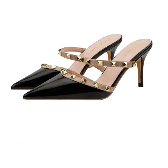 Black / beige two tone stud mules heels - Picture 4 of 4